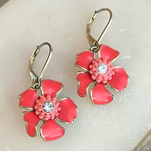 Jewelry - Coral Orange Enamel Floral Drop Earrings Gold Tone